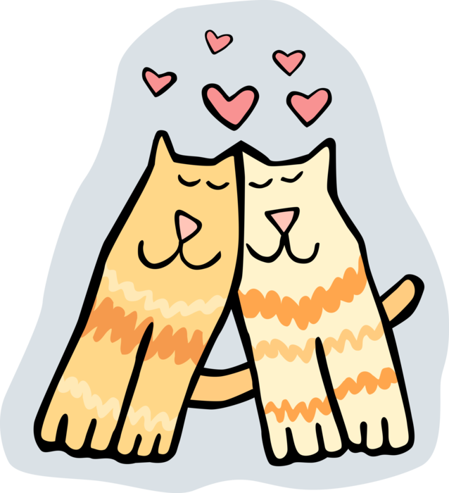 Vector Illustration of Small Domesticated Family Pet Kitten Cats in Love with Hearts