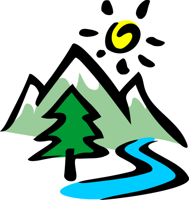 Vector Illustration of Mountain Stream with Coniferous Evergreen Fir Tree and Mountains
