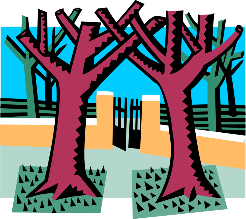Vector Illustration of Majestic Trees with Fence and Gate