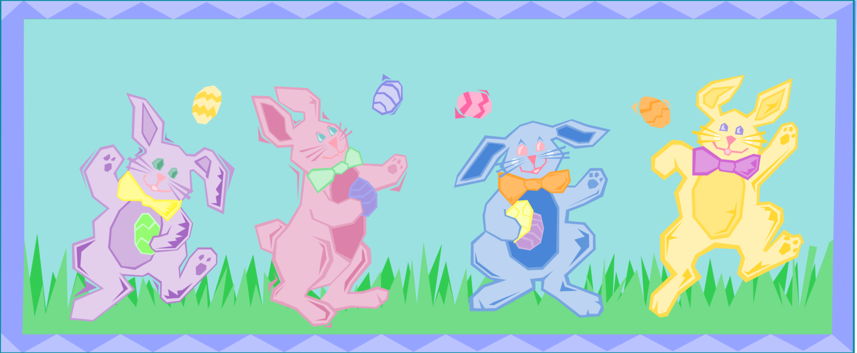 Vector Illustration of Easter Rabbit Bunnies Dancing with Eggs