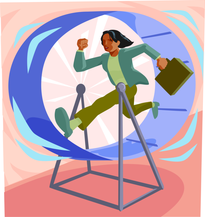 Vector Illustration of Businesswoman Stuck on Treadmill Treadwheel Running Wheel Going Nowhere