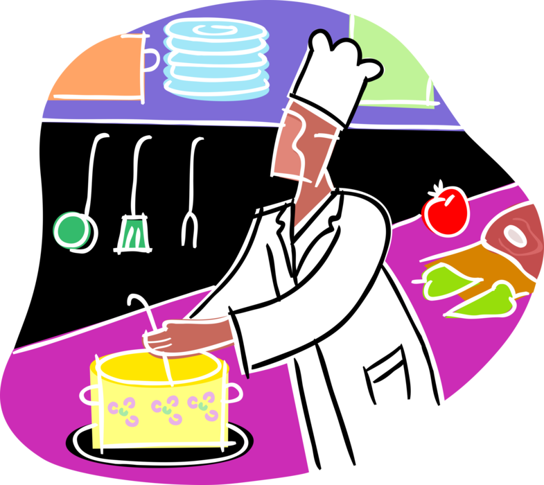 Vector Illustration of Culinary Cuisine Restaurant Chef Prepares Vegetable Soup in Restaurant Kitchen