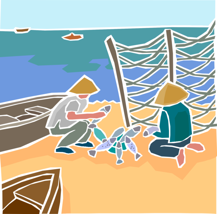 Vector Illustration of Asian Fishermen with the Day's Small Catch of Fish