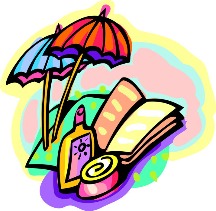 Vector Illustration of Book, Sunscreen and Umbrellas or Parasol Rain Protection