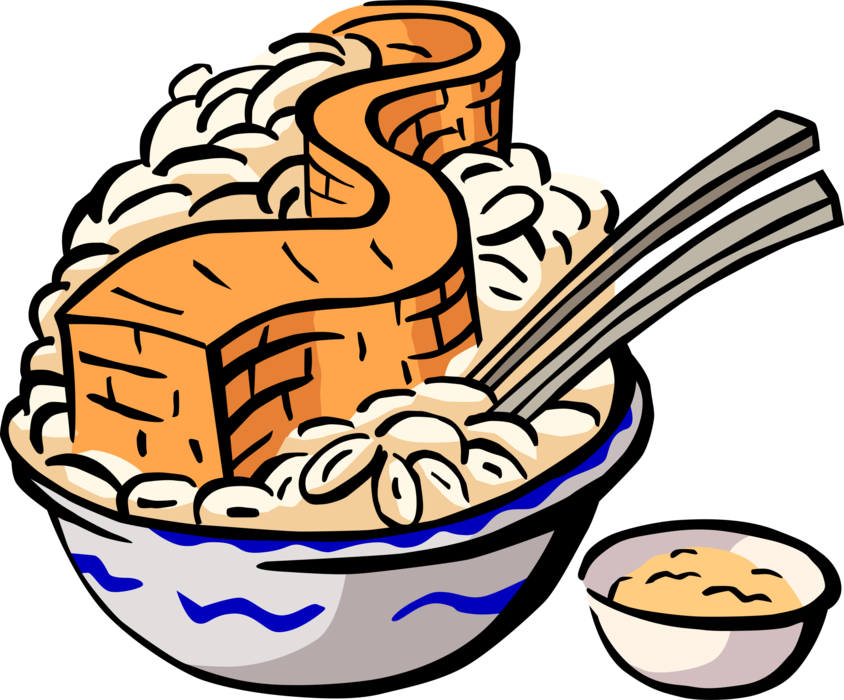 Vector Illustration of Wall of China with Bowl of Chinese Rice with Chopsticks