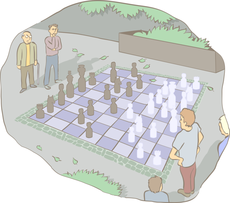 Vector Illustration of Competitors Study Chess Board Positions in Game of Street Chess
