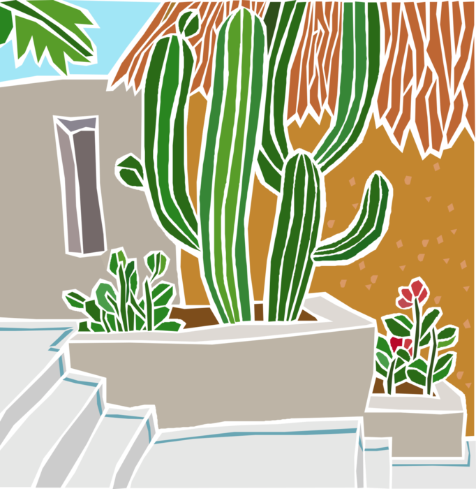Vector Illustration of Outdoor Patio with Cactus and Stairway