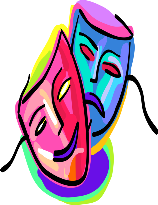 Vector Illustration of Theatre or Theater Theatrical Comedy or Drama Masks Melpomene and Thalia
