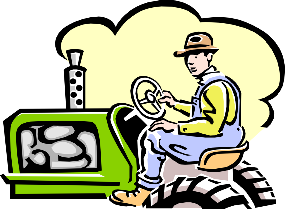 Vector Illustration of Farmer Rides on Farm Equipment Tractor