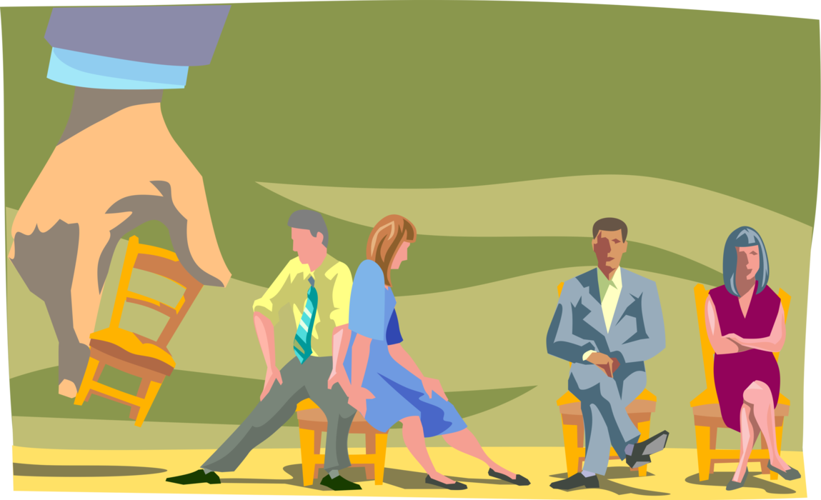 Vector Illustration of Corporate Downsizing, Musical Chairs Metaphor