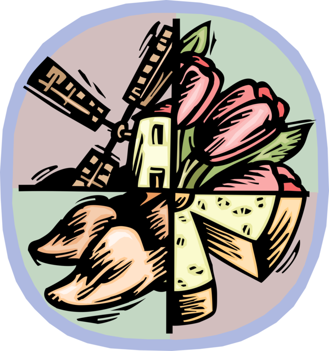 Vector Illustration of The Netherlands is Dutch Windmills, Colorful Tulips, Cheese and Wooden Shoes