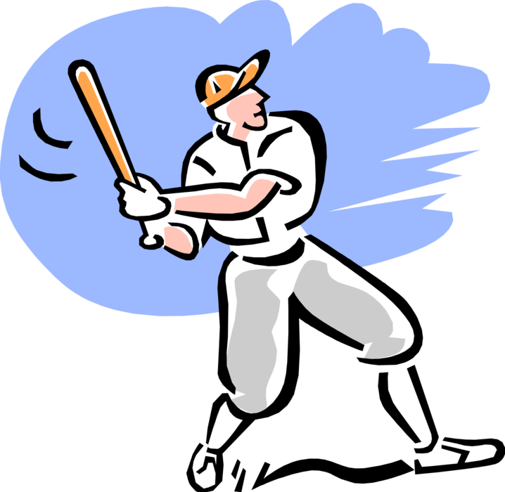 Vector Illustration of 1950's Vintage Style Baseball Player Swings Bat at Ball