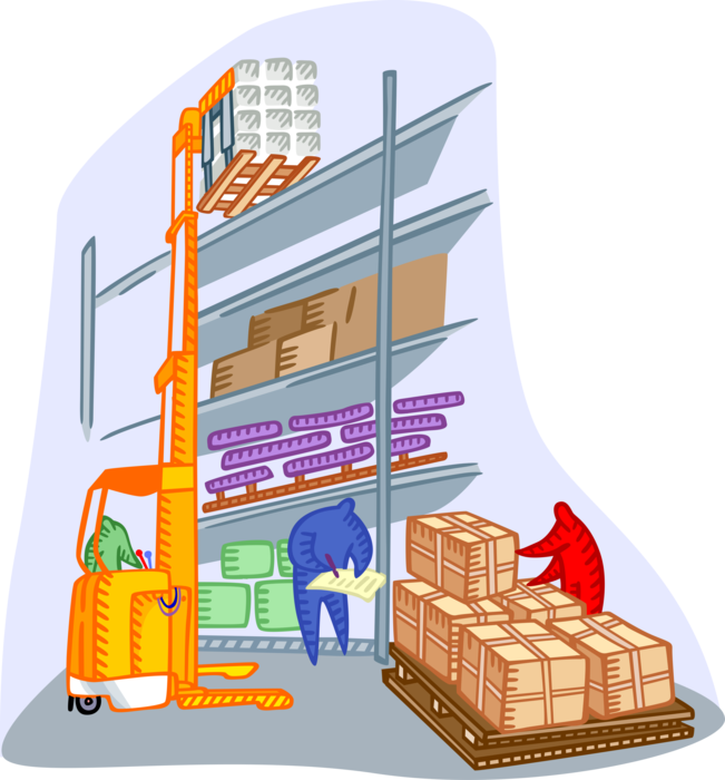 Vector Illustration of Warehouse Forklift Stacks Inventory Product Boxes on Shelves