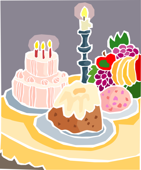 Vector Illustration of Candle Light with Birthday Dessert Table with Cakes and Fresh Fruits