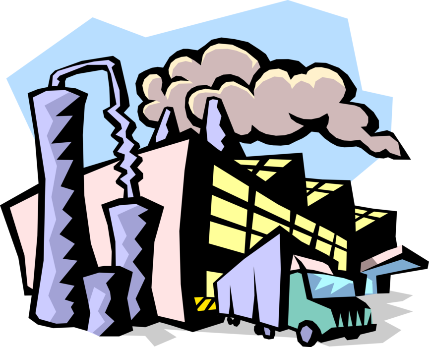 Vector Illustration of Industrial Manufacturing Factory Building with Smokestack Pollution