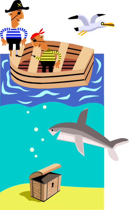 Vector Illustration of Swashbuckling Buccaneer Mariner Pirates Find Sunken Treasure Chest