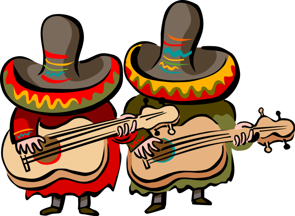 Vector Illustration of Mexican Musicians with Sombreros Play Acoustic Guitars