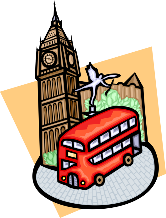 Vector Illustration of Double-Decker Bus with Big Ben Clock Tower and Eros at Piccadilly Circus, London, England