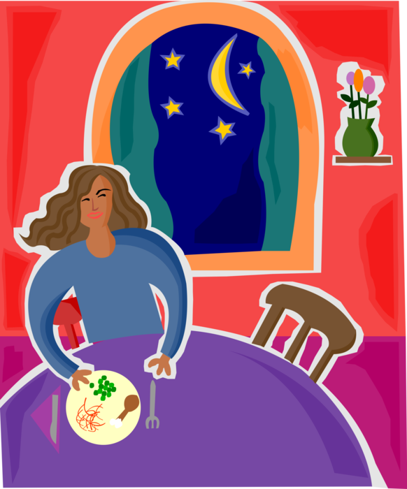 Vector Illustration of Female Eating Dinner at Table with Night Moon and Stars