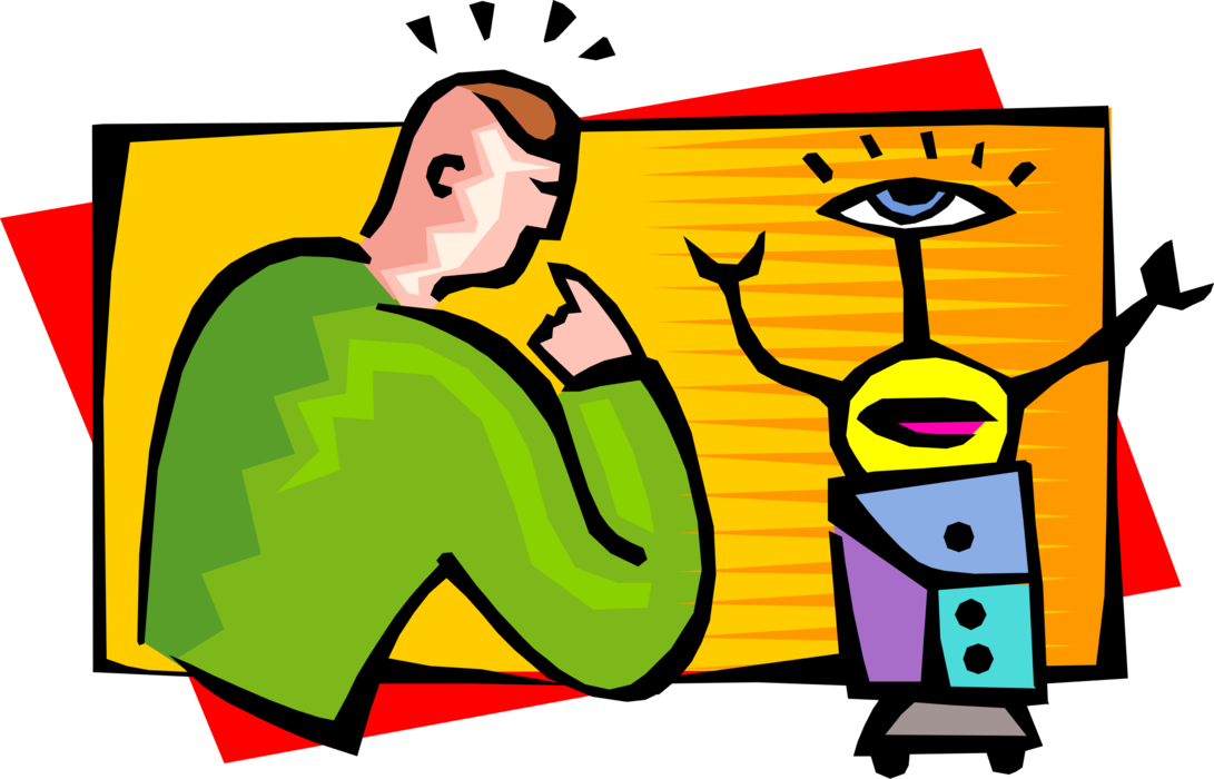 Vector Illustration of Man Interacts with Technology Robot