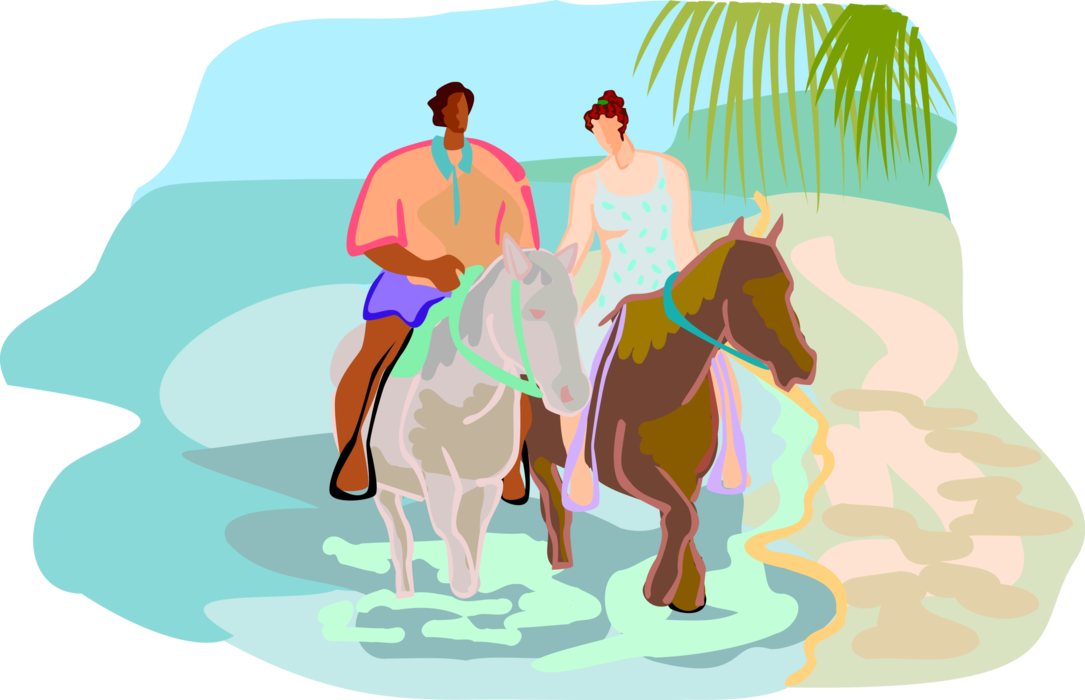 Vector Illustration of Vacation Couple Horseback Riding on the Beach