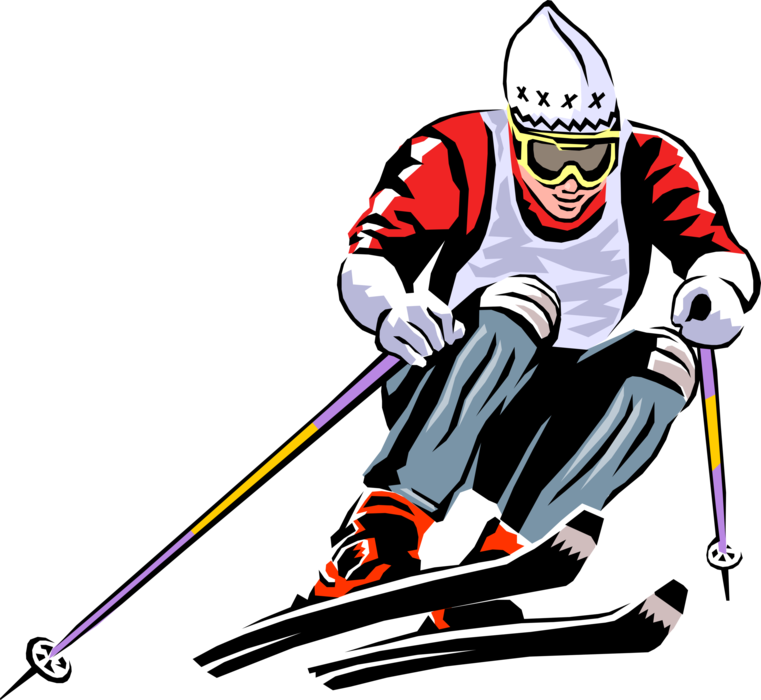 Vector Illustration of Alpine Downhill Skier Races Down Ski Hill on Skis