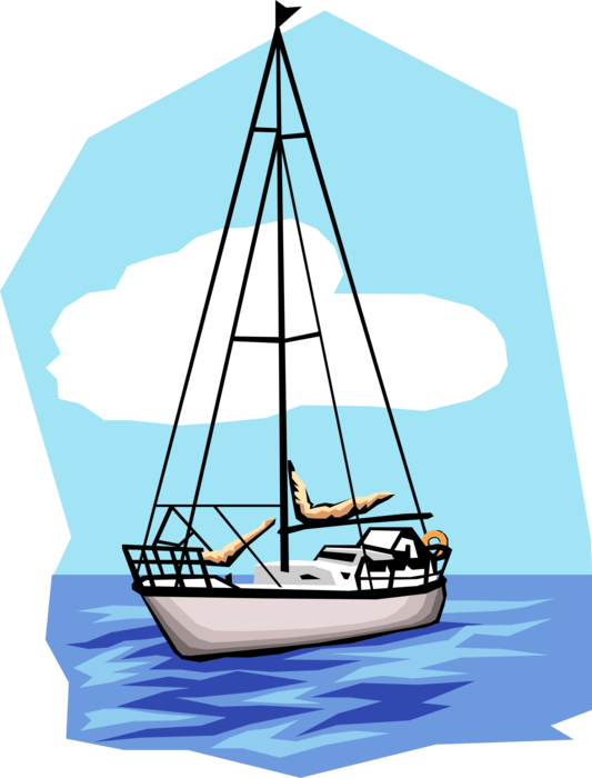 Vector Illustration of Sailboat Sailing on Water with Sails Down