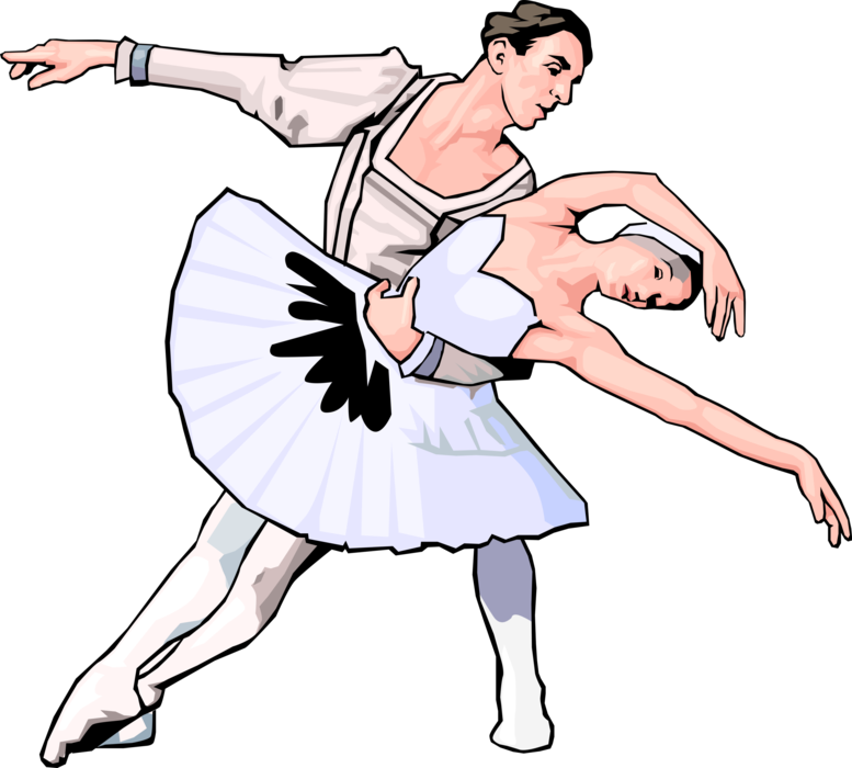 Vector Illustration of Ballerina Dancer Performs with Male Ballet for Theater Audience