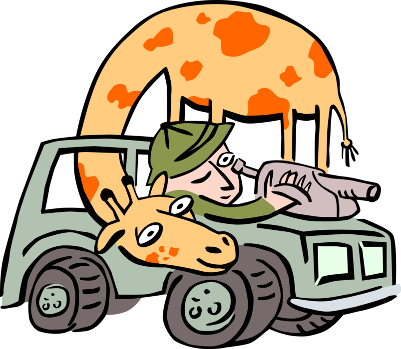Vector Illustration of African Giraffe with Safari Man in Jeep
