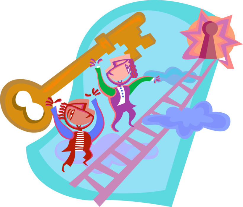 Vector Illustration of Businessmen Use Teamwork to Climb Ladder with Key for Padlock Lock