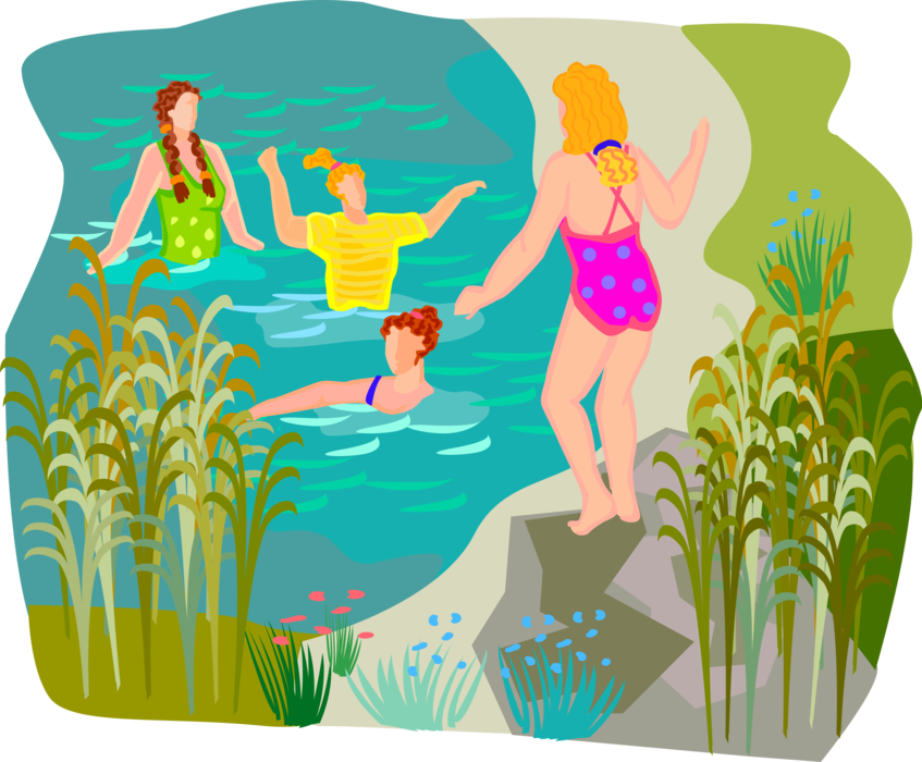 Vector Illustration of Swimmers Enjoying Summer Day Swimming in Lake