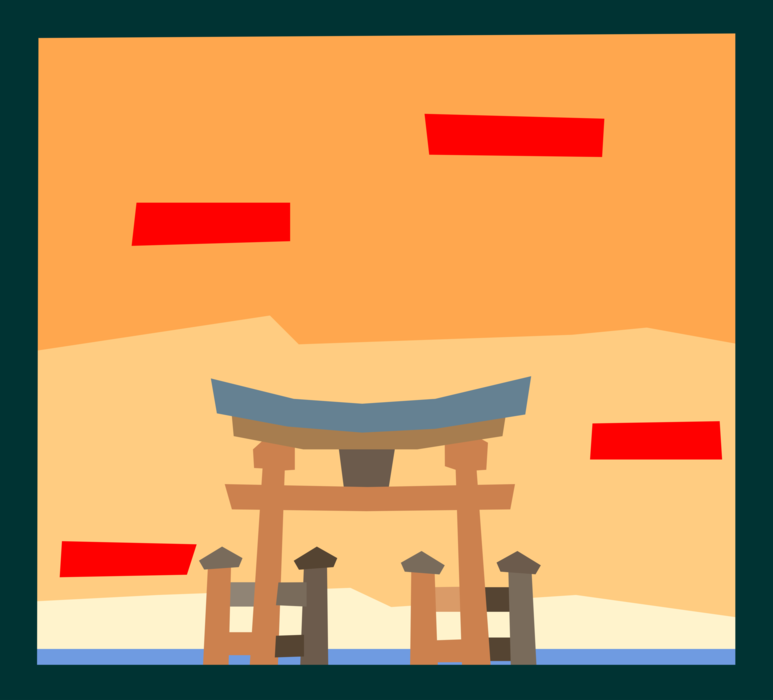 Vector Illustration of Japanese Traditional Buddhist Temple and Shinto Shrine Torii Gate