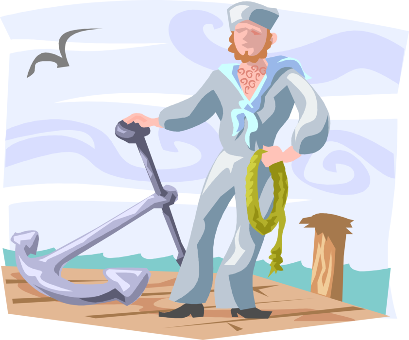 Vector Illustration of 19th Century Victorian Era Maritime Sailor on Dock with Anchor and Rope Rode Line