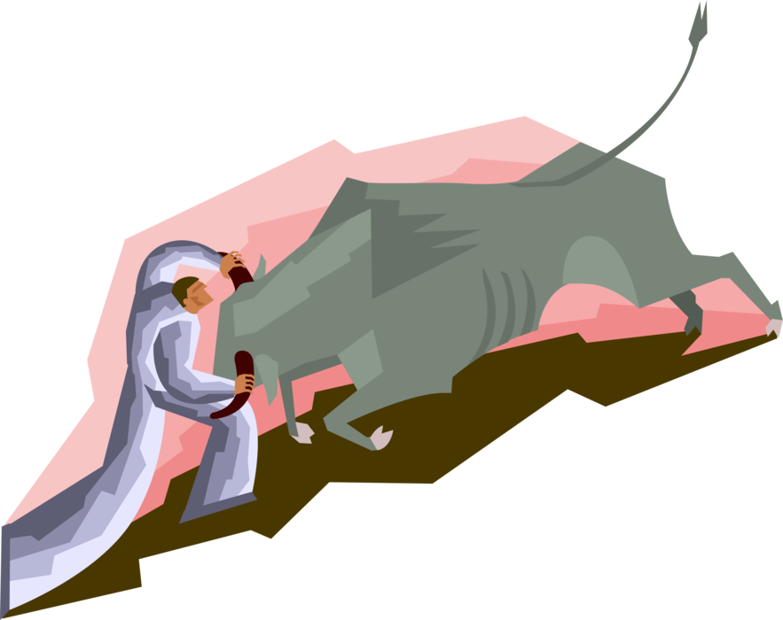 Vector Illustration of Human Figure Holding Back Bull by the Horns, Stock Market Bull Run