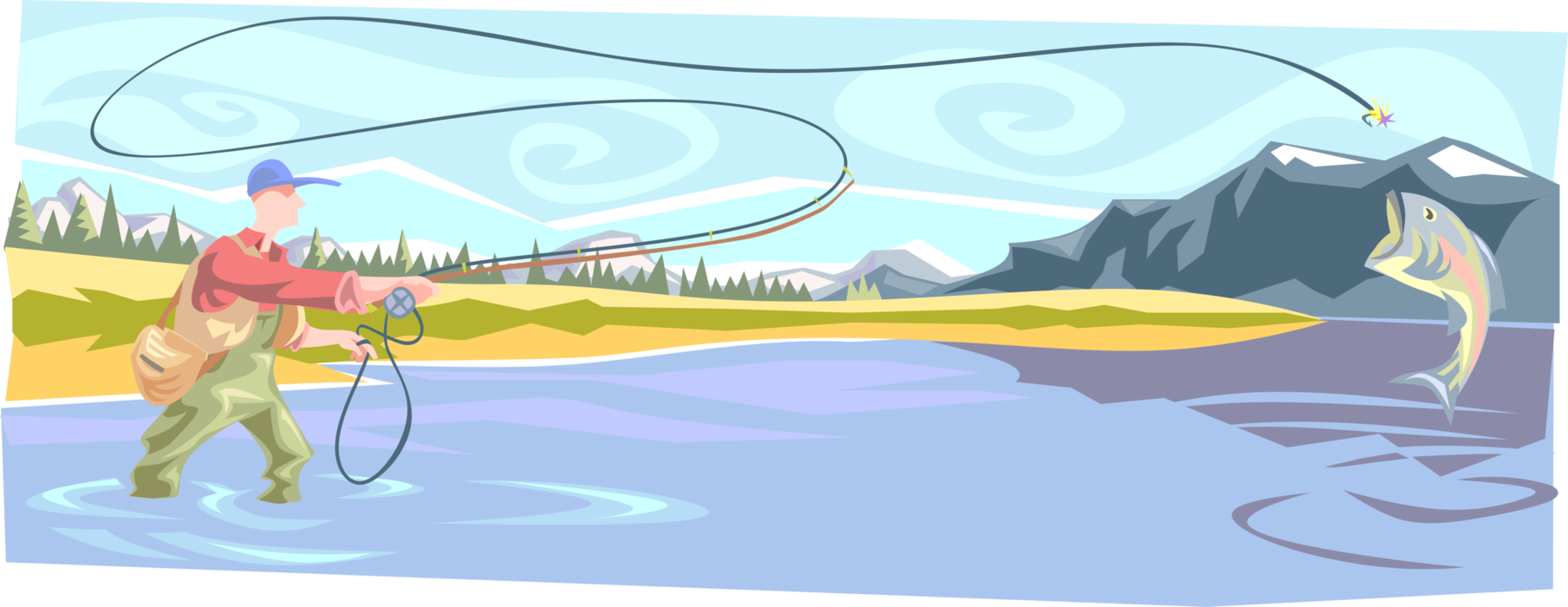 Vector Illustration of Fly Fisherman Angler Casting and Catching Fish in River