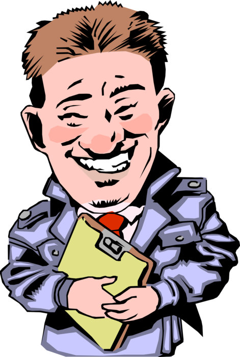 Vector Illustration of Typical Used Car Salesman with Clipboard Portable Writing Surface