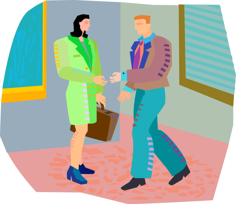 Vector Illustration of Business Associates Meet in Hallway in Office