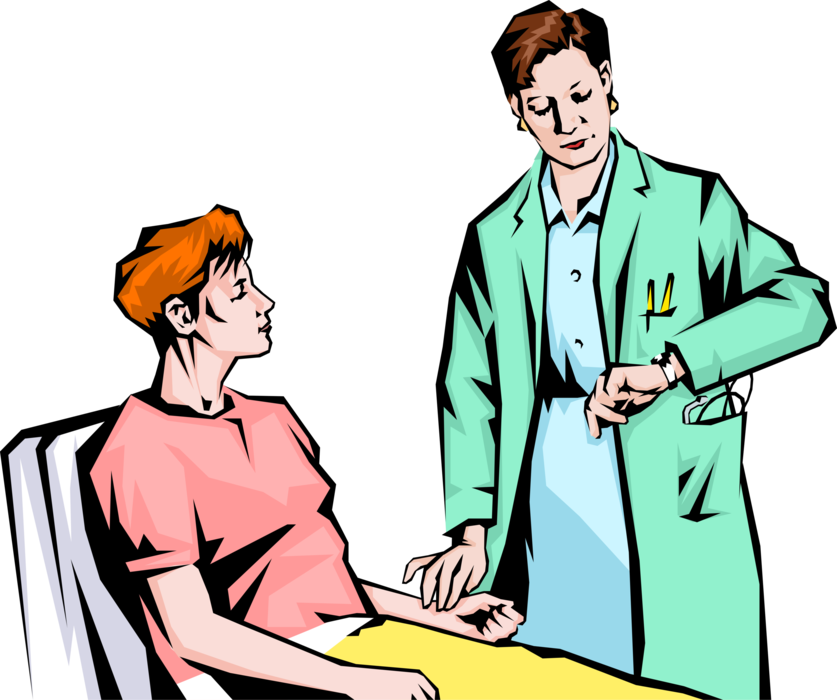 Vector Illustration of Health Care Nurse Checking Hospital Patient's Pulse with Wristwatch