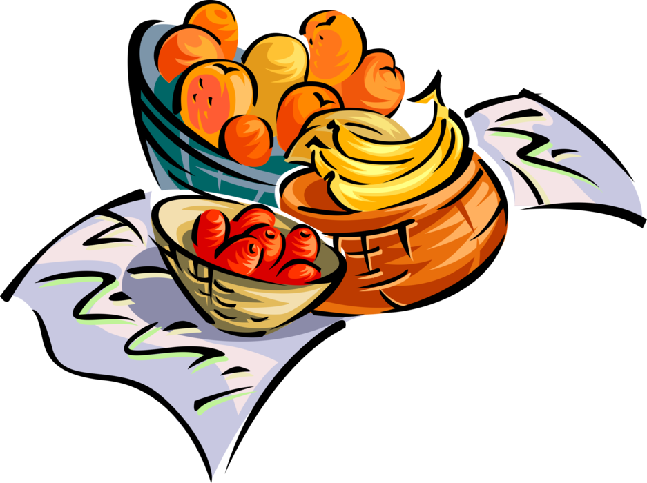 Vector Illustration of Outdoor Picnic on Blanket with Citrus Orange Fruit Basket with Bananas