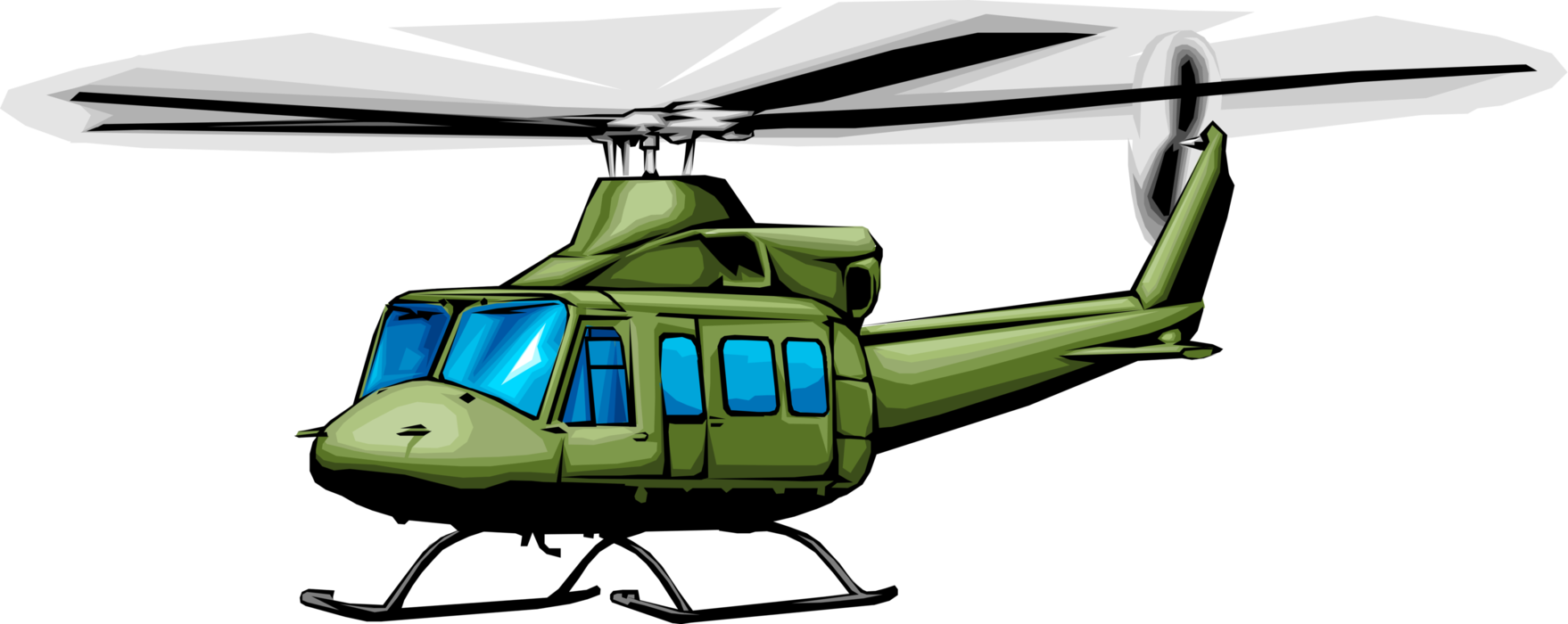 Vector Illustration of Military Helicopter Rotorcraft in Flight Applies Lift and Thrust Supplied by Rotors