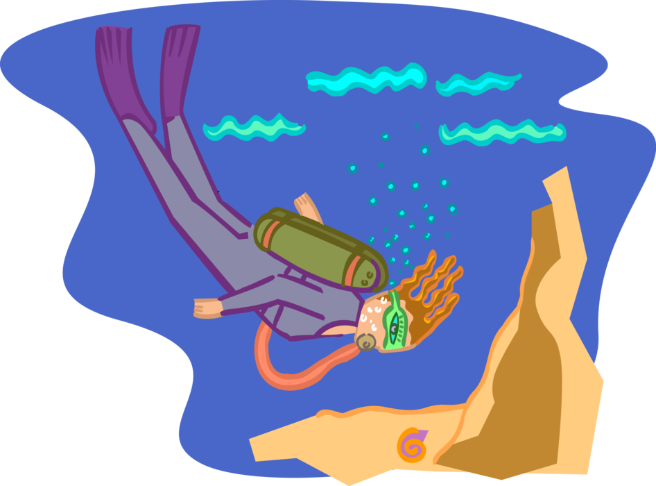 Vector Illustration of Scuba Diver Diving with Underwater Viewing Reef