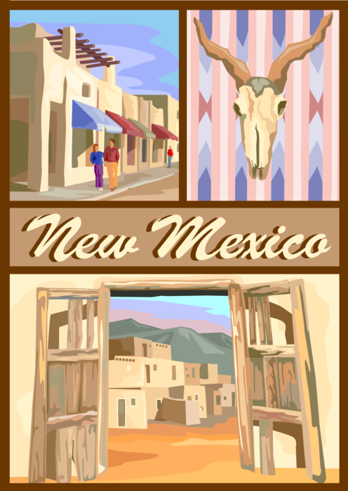 Vector Illustration of New Mexico Postcard Design with Pueblo Village