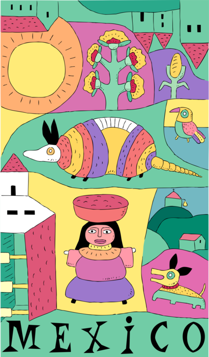 Vector Illustration of Mexico Postcard Design with Mexican Culture Symbols