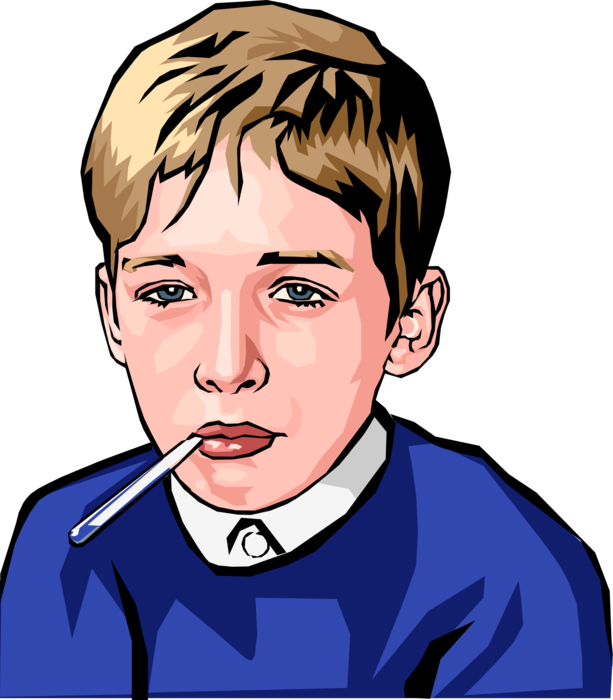 Vector Illustration of Boy Having His Temperature Taken with Thermometer Hoping for Day Off From School