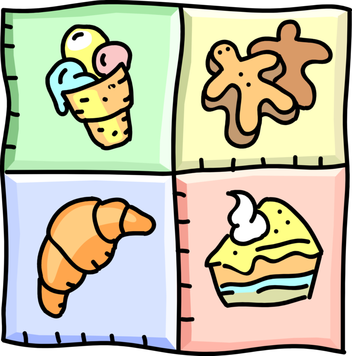 Vector Illustration of Gelato Ice Cream Cone Treats with Gingerbread Cookies, Croissant and Dessert Cake Snacks