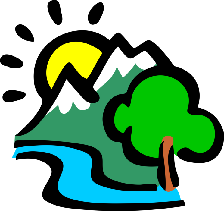 Vector Illustration of The Great Outdoors Mountains with Stream and Forest