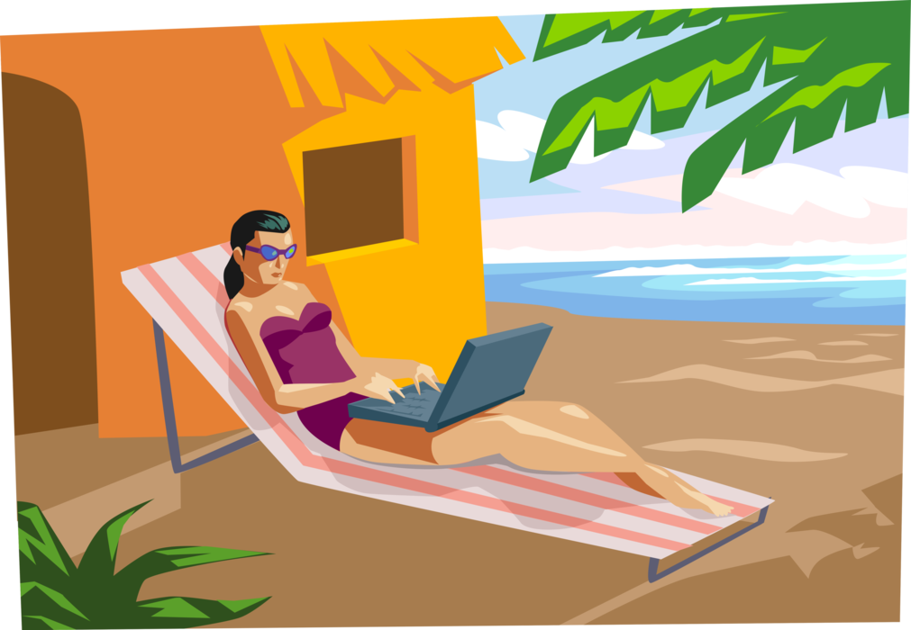 Vector Illustration of Summer Vacation Lying on the Beach and Checking Internet Mail on Laptop Computer