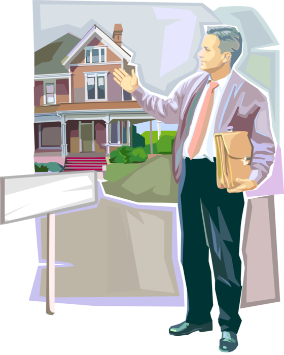 Vector Illustration of Residential Real Estate Agent Lists Family Home for Sale