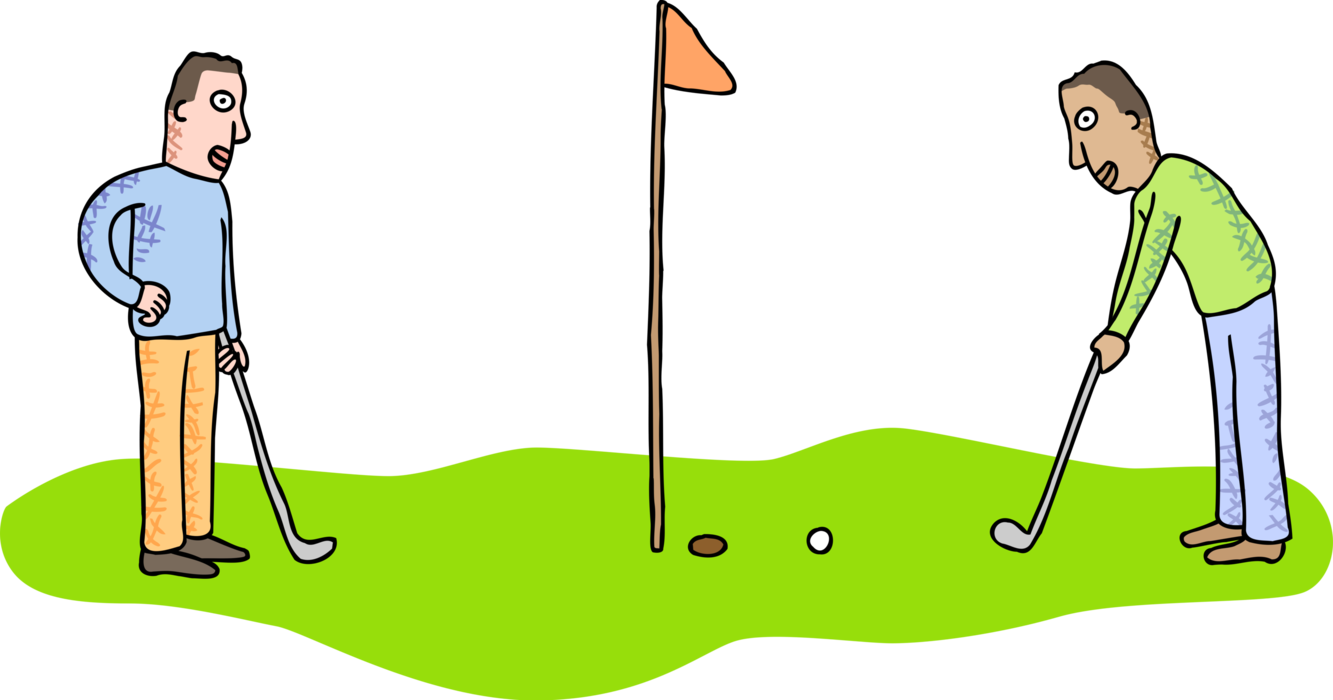 Vector Illustration of Golfers on Green with Putters and Balls During Round of Golf