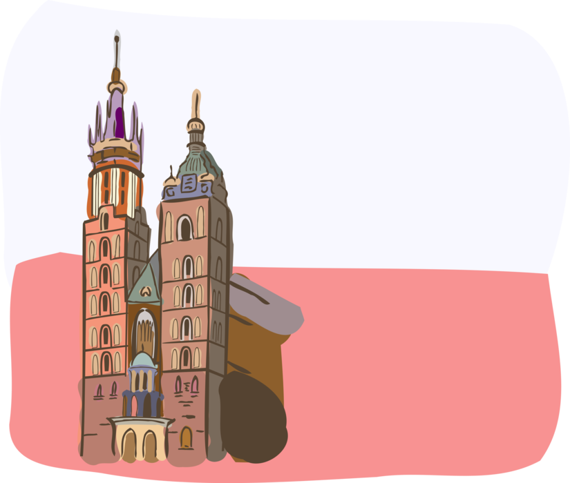 Vector Illustration of St Mary's Basilica on Main Market Square in Kraków, Poland